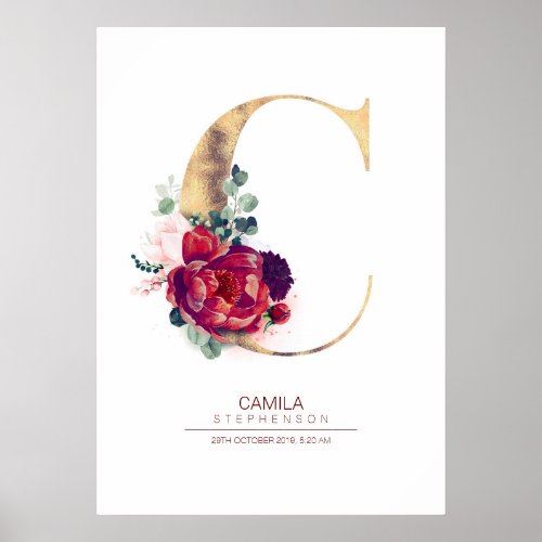 Letter C Monogram Floral Burgundy Red and Gold Poster