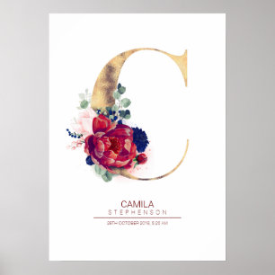 Letter C Monogram Floral Navy Blue and Burgundy Poster