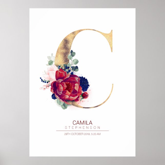 Letter C Monogram Floral Navy Blue and Burgundy Poster (Front)