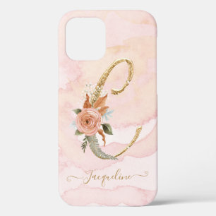 Letter C Monogram Gold Script Watercolor Floral iPhone 12 Case