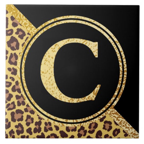 Letter C Monogram Leopard Print Gold and Black Ceramic Tile