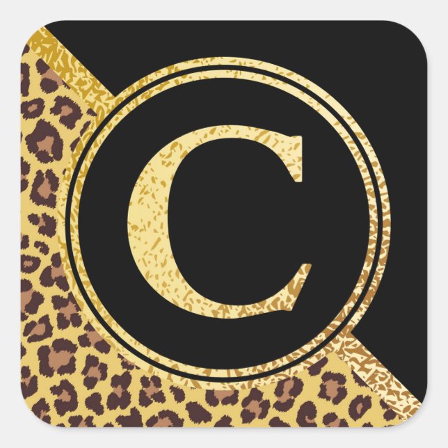 Letter C Monogram Leopard Print Gold and Black Square Sticker (Front)