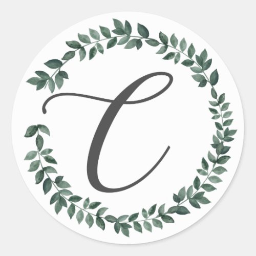 Letter C Monogram Minimalist Botanical Leaf Wreath Classic Round Sticker