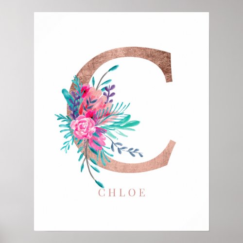 Letter C monogram pink floral rose gold  nursery Poster