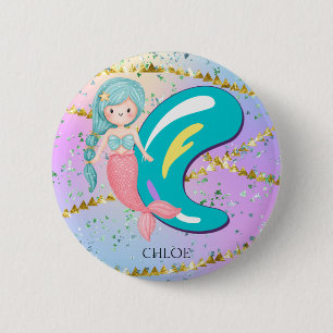 Letter C Monogram Watercolor Cute Mermaid Nursery Button