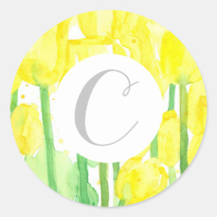 Letter C Monogram Yellow Tulip Flowers Classic Round Sticker