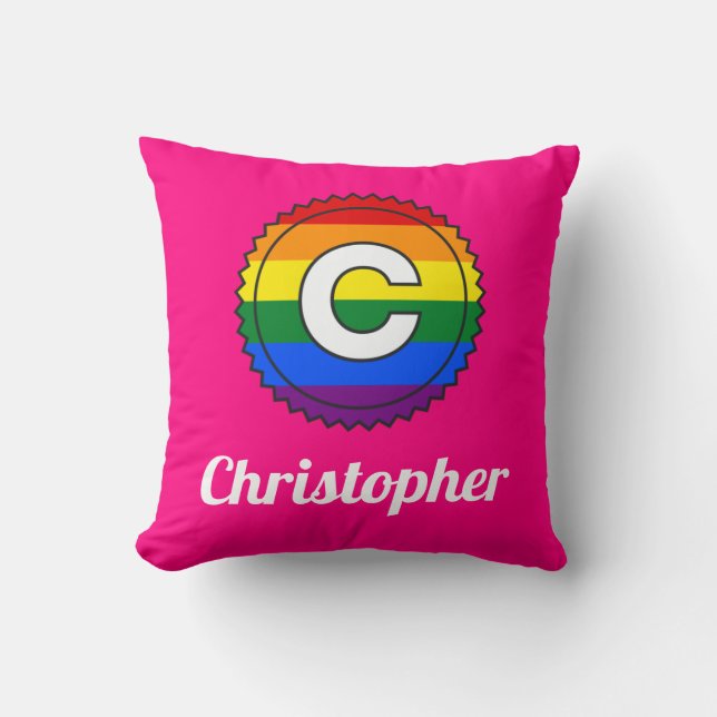 Letter C & Name Gay Pride Rainbow Monogram - Pink Throw Pillow (Front)