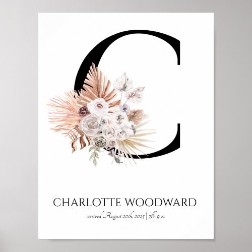 Letter C New Baby Floral Monogram Birth Poster