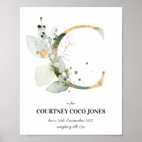 Letter C New Baby Monogram Birth Print Greenery