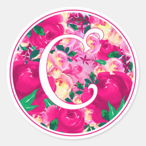 Letter C Pink Watercolor Floral Circle Monogram Classic Round Sticker