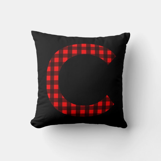 Letter C Red and Black Buffalo Plaid Throw Pillow (Front)