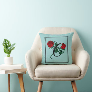 Letter C Script Monogram with Red Roses Turquoise Throw Pillow