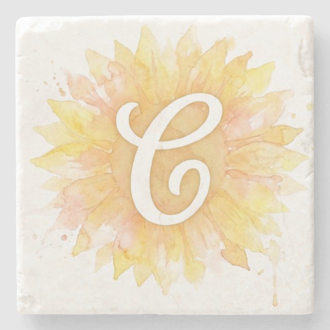 Letter C Sunflower First Name Monogram Initial  Stone Coaster (Front)