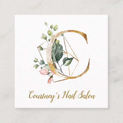 Letter C with Gold Geometric Design and Flowers Square Business Card