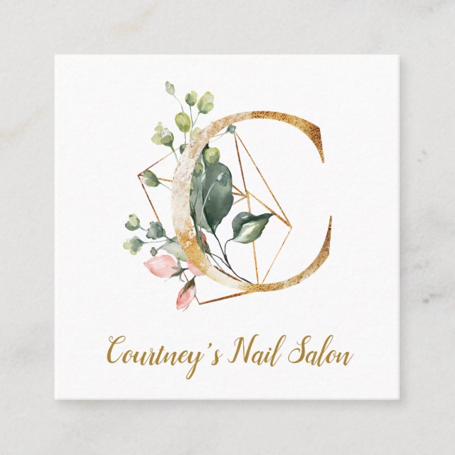 Letter C with Gold Geometric Design and Flowers Square Business Card (Front)