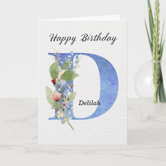 Letter D Birthday Custom Name Her Blue Monogram Card (Front)