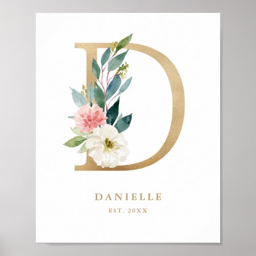 Letter D Blush Floral Monogram Gold Foil Nursery Poster