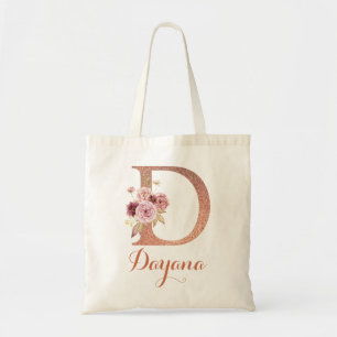 Letter D Blush pink Glitter Floral Monogram  Tote Bag