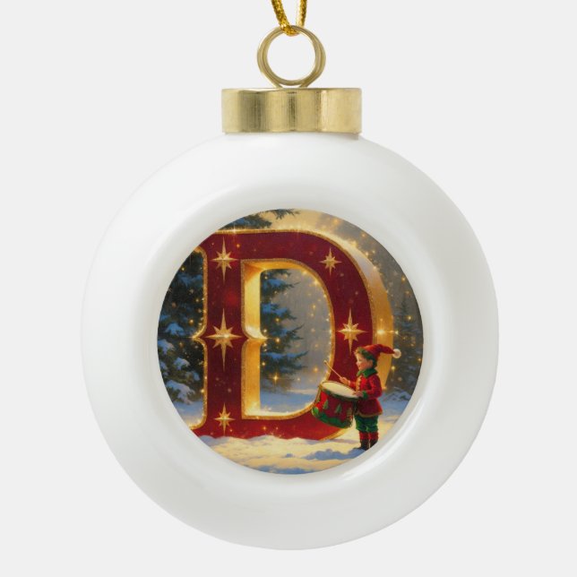 Letter D Christmas Drummer Personalized Initial Ceramic Ball Christmas Ornament (Front)