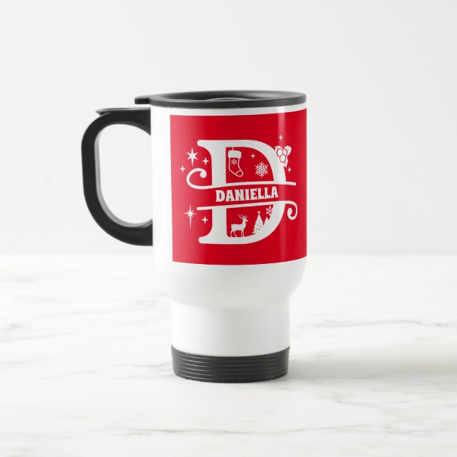Letter D Christmas Monogram Initial Name Red    Travel Mug (Left)