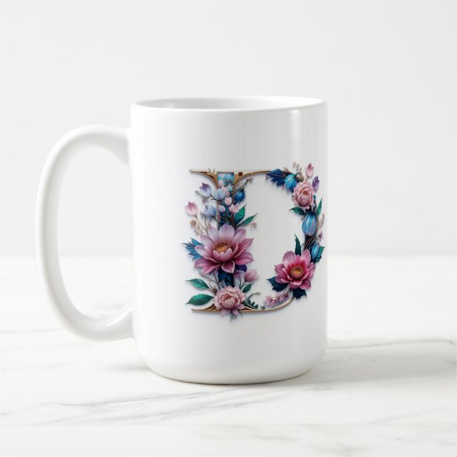 Letter D Coffee Mug – Floral Design for Gifting (Left)