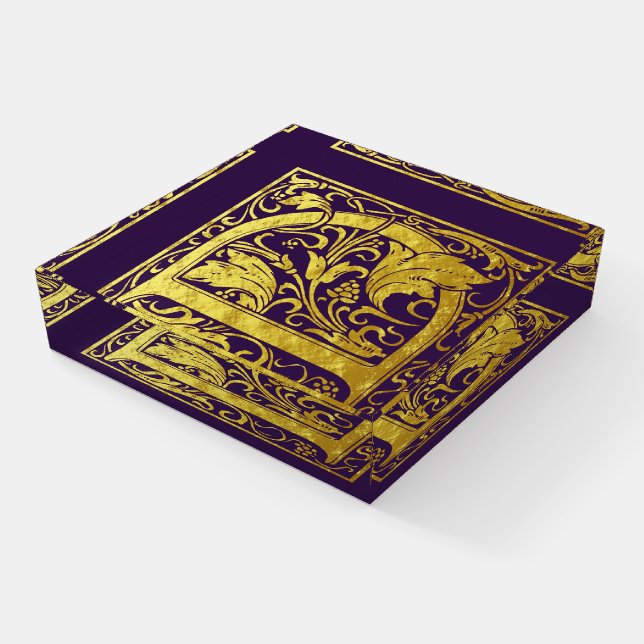Letter D First Letter Faux Gold and Grape Purple Paperweight (Angled)