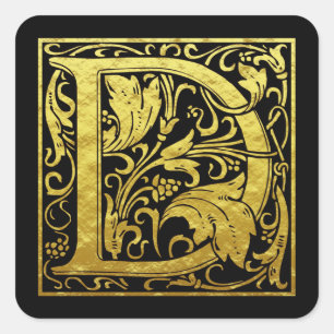 Letter D First Letter Faux Gold Black Square Sticker