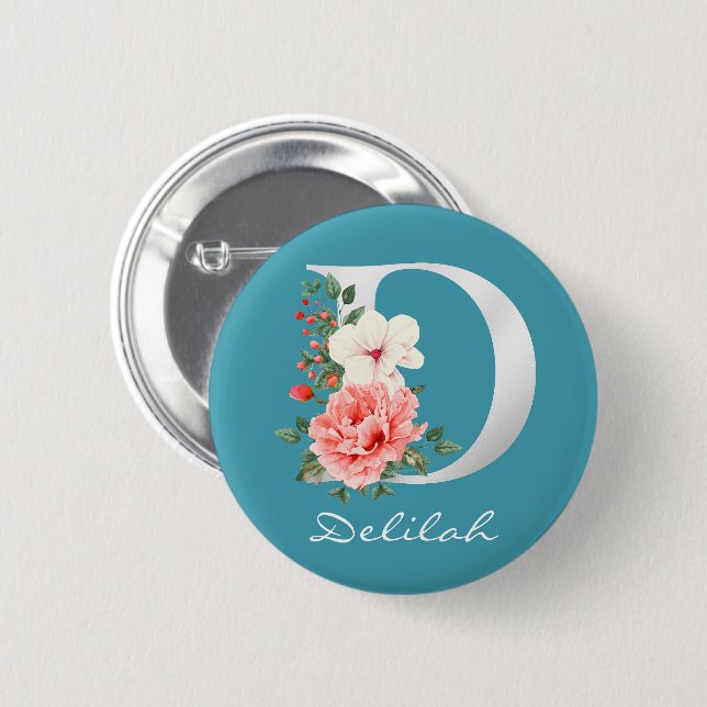  Letter D Floral | Metallic White Monogram Button (Front & Back)