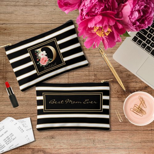 Letter D Floral Monogram Black White Gold Stripes Accessory Pouch