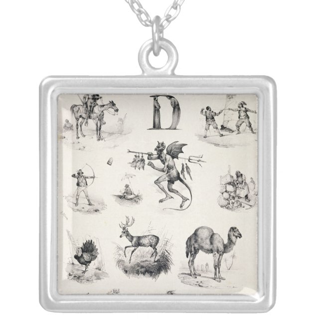 Letter D from an alphabet primer, 1832 Silver Plated Necklace (Front)