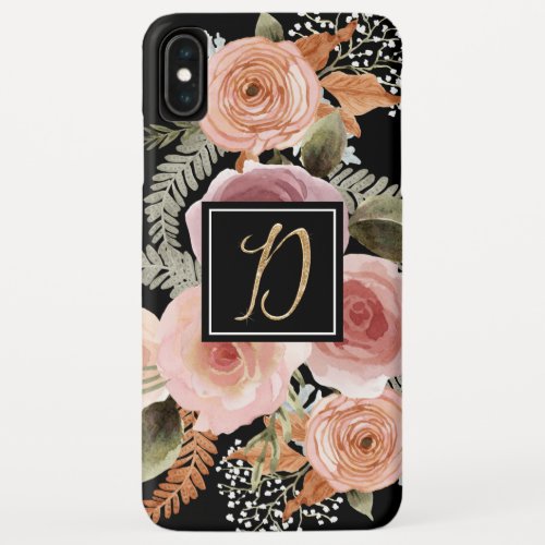 Letter D Gold Black Watercolor Floral Monogram iPhone XS Max Case