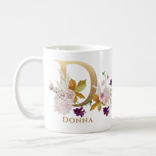 Letter D _ Gold Floral Name sister coworker friend Coffee Mug