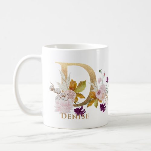 Letter D _ Gold Floral Name sister coworker friend Coffee Mug