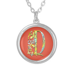 Letter D initial monogram floral art  Silver Plated Necklace