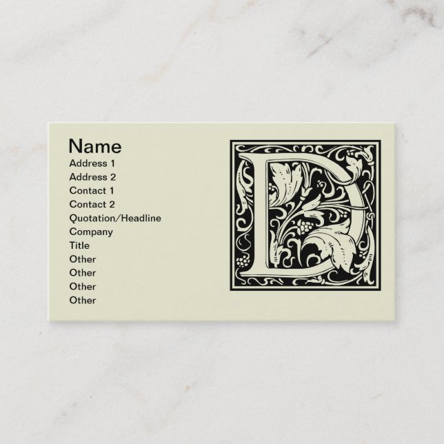 Letter D Medieval Monogram Art Nouveau Business Card (Front)
