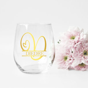 Letter D Monogram Bridesmaid Gift, Modern Elegant Stemless Wine Glass
