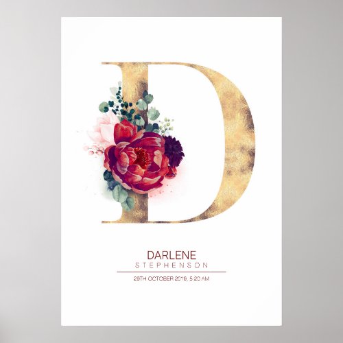 Letter D Monogram Floral Burgundy Red and Gold Poster