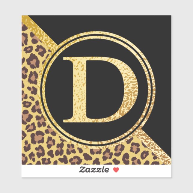 Letter D Monogram Leopard Print Gold and Black Sticker (Sheet)