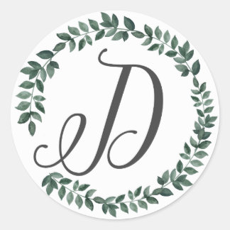 Letter D Monogram Minimalist Botanical Leaf Wreath Classic Round Sticker