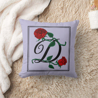 Letter D Monogram with Red Roses Purple Throw Pillow