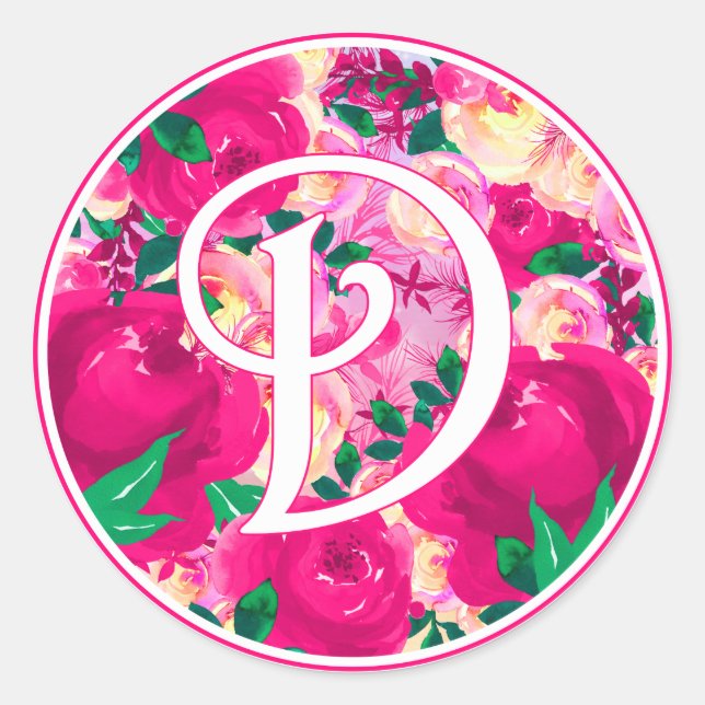 Letter D Pink Watercolor Floral Circle Monogram Classic Round Sticker (Front)