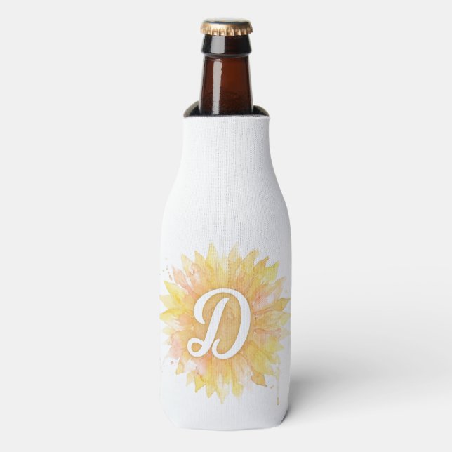 Letter D Sunflower First Name Monogram Initial  Bottle Cooler (Bottle Front)