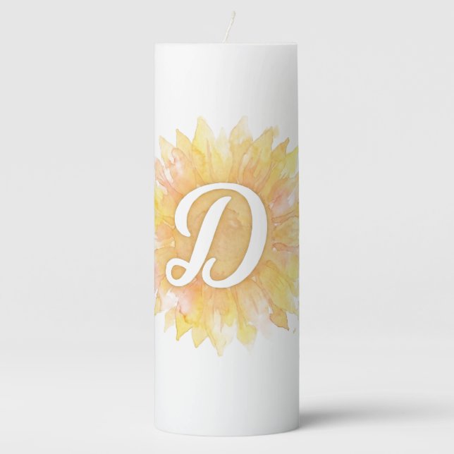 Letter D Sunflower First Name Monogram Initial  Pillar Candle (Front)
