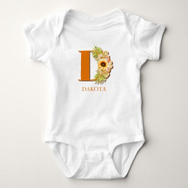 Letter D Sunflower Floral Monogram with Name Baby Bodysuit (Front)