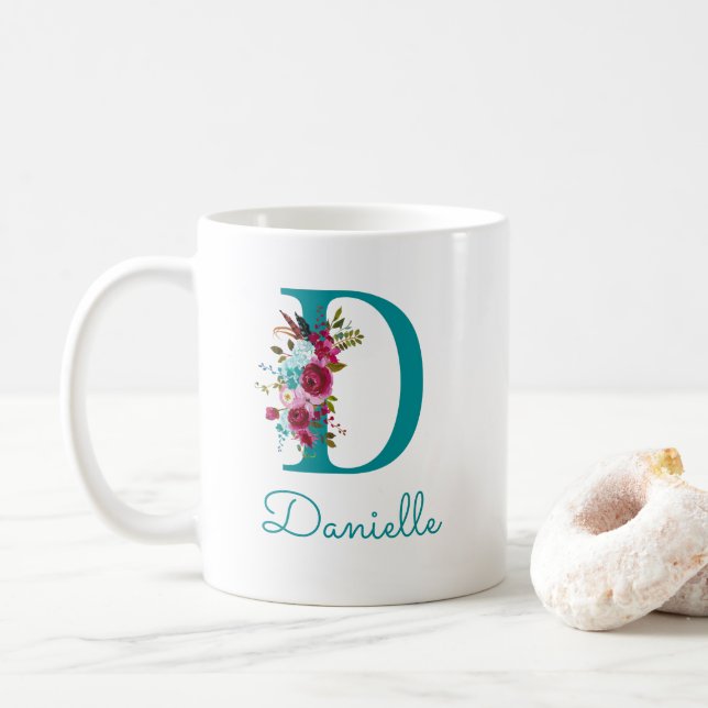 Letter D Teal Pink Floral Coffee Mug (With Donut)
