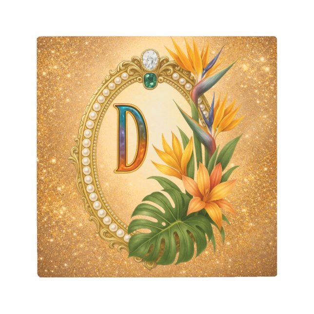 Letter D Tropical Monogram Gold Metal Wall Art (Front)