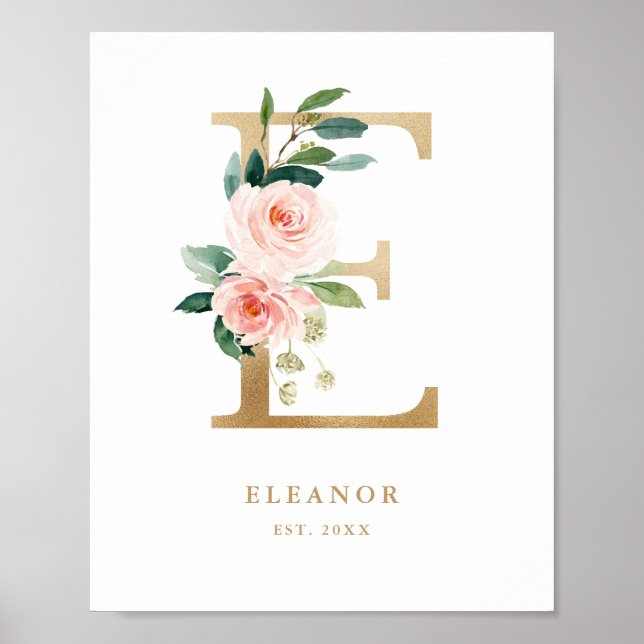 Letter E Blush Floral Monogram Gold Foil Nursery Poster (Front)