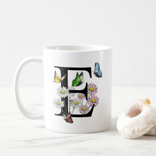  Letter E Botanical Watercolor Butterfly Monogram  Coffee Mug