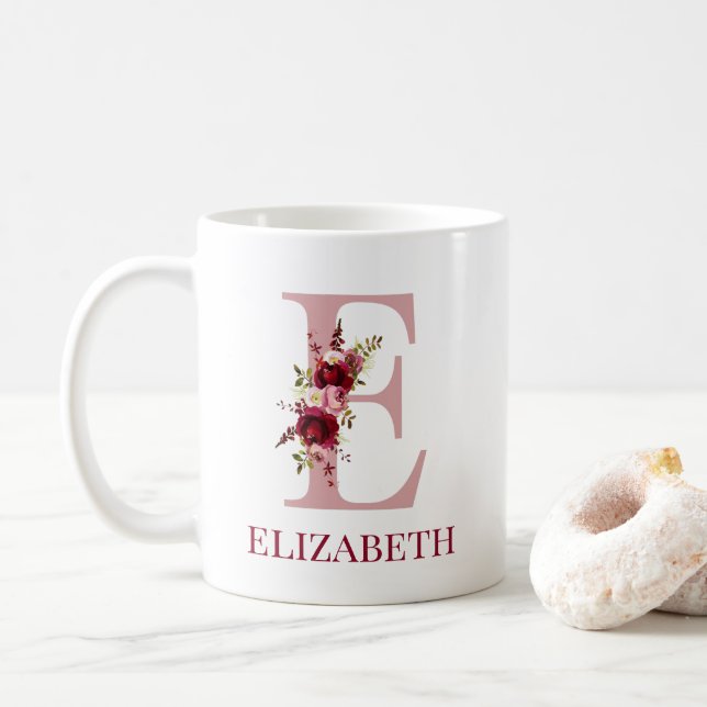 Letter E Burgundy Blush Floral Coffee Mug (With Donut)