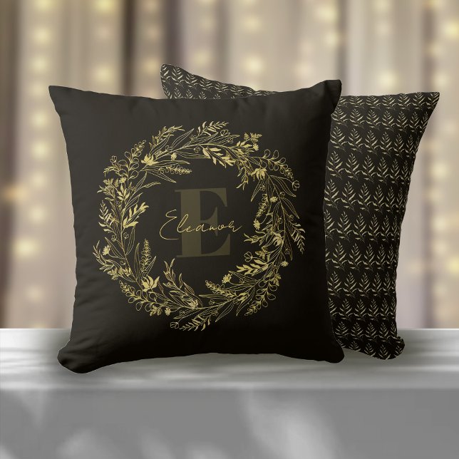 Letter E Elegant Gold Leaf Monogram Throw Pillow (Creator Uploaded)